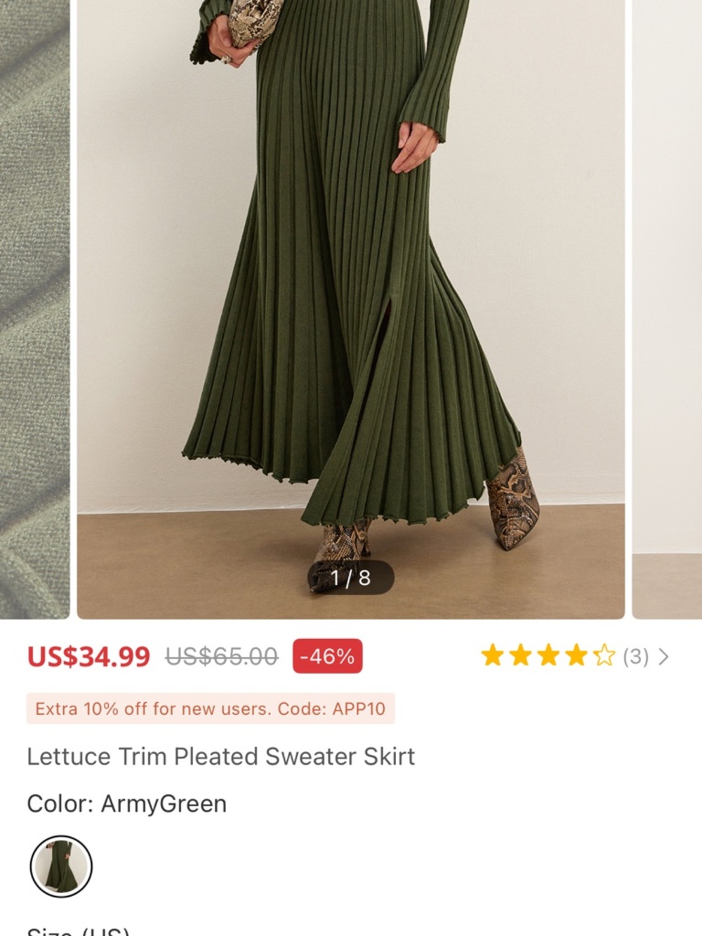 Commense Olive Green Pleated Knit Maxi Skirt